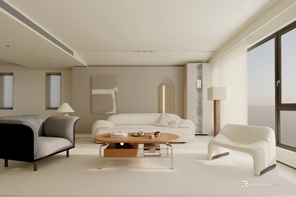 Modern Living Room Interior Design With White Sofa Gray Armchair And Wooden Coffee Table 3d model 
