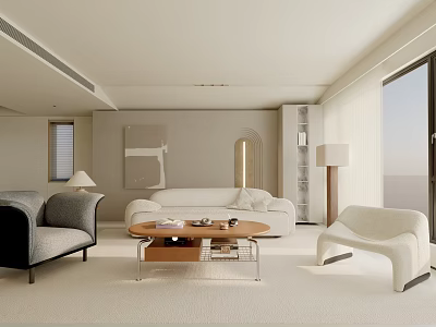 Modern Living Room Interior Design With White Sofa Gray Armchair And Wooden Coffee Table 3d model