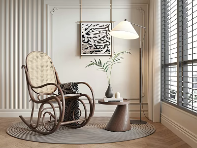 Comfortable Wicker Rocking Chair in Cozy Living Space with Decorative Painting Floor Lamp and Window 3d model