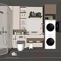 Modern Bathroom Interior With Glass Shower Toilet Mirror Shelves With Toiletries And Stacked Washing Machine