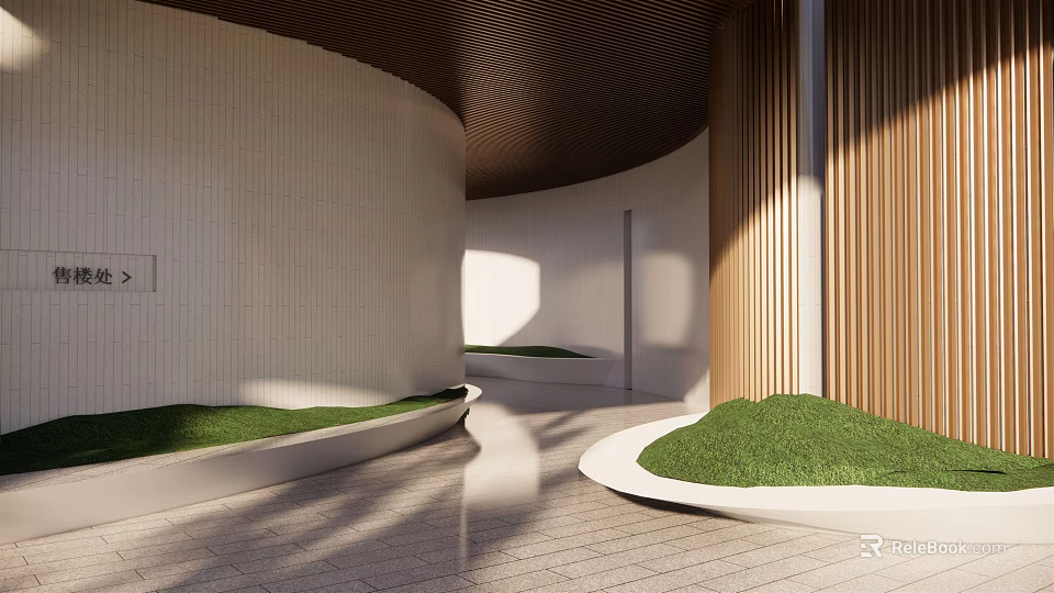 Modern Entrance Gate With Curved Walls Vertical Wood Slats Grass Beds And Stone Paved Floor 3d model 