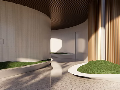 Modern Entrance Gate With Curved Walls Vertical Wood Slats Grass Beds And Stone Paved Floor 3d model
