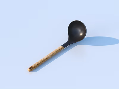 Simple Stylish Black Kitchen Spoon With Wooden Handle On Light Blue Background 3d model