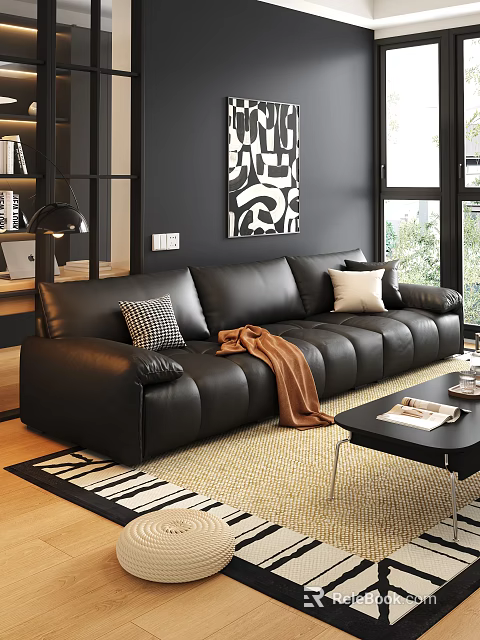 Modern Black Leather Sofa and Coffee Table Set with Pillows and Throw Blanket 3d model 