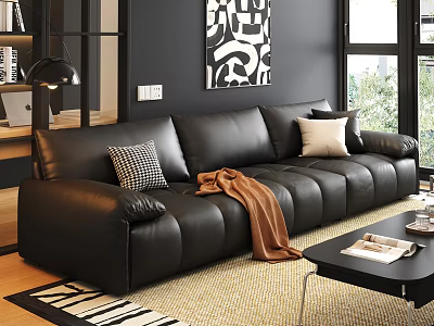 Modern Black Leather Sofa and Coffee Table Set with Pillows and Throw Blanket 3d model