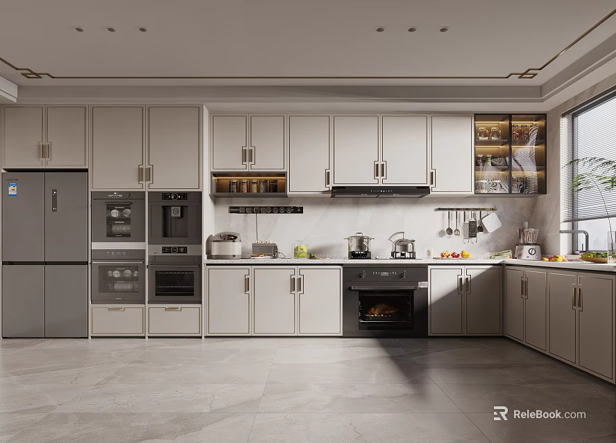 Modern Kitchen With White Cabinets Built In Appliances And Window View 3d model