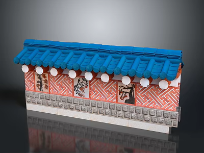 Traditional Chinese Architecture Model With Blue Tile Roof Red Decorative Walls And Gray Stone Base 3d model