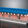 Traditional Chinese Architecture Model With Blue Tile Roof Red Decorative Walls And Gray Stone Base