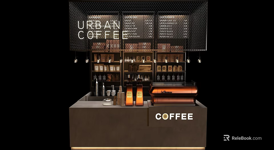 Urban Coffee Bar With Modern Design Coffee Machine And Coffee Beans 3d model