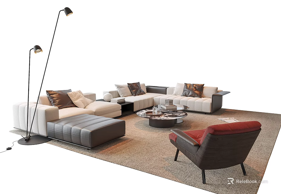 Modern L Shaped White Gray Sofa Coffee Table With Glass Top Metal Base And Pillows 3d model 