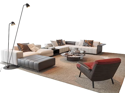Modern L Shaped White Gray Sofa Coffee Table With Glass Top Metal Base And Pillows 3d model