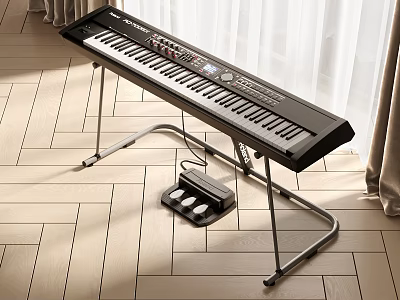 Musical Instruments and Art Supplies Electronic Keyboard with Pedal and Stand on Wooden Floor 3d model