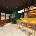 Noodle Restaurant Exterior With Red Signboard Green Umbrellas And Outdoor Tables