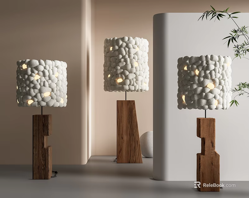 Modern White Pebble Shade Floor Lamps With Wooden Geometric Poles For Interior Decor 3d model 