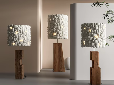 Modern White Pebble Shade Floor Lamps With Wooden Geometric Poles For Interior Decor 3d model