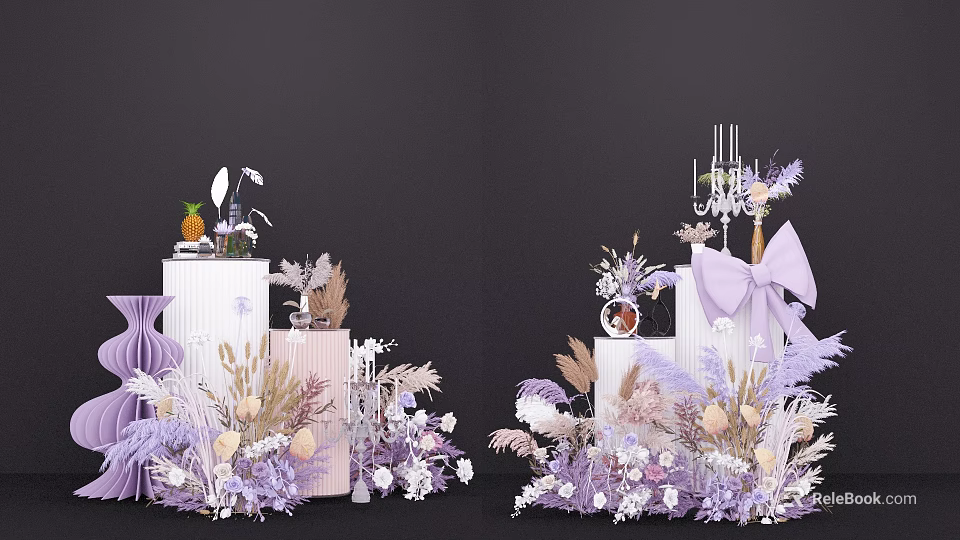 Purple Beige Floral Decor with Dried Grass Candleholder Gift Box and Bow 3d model 