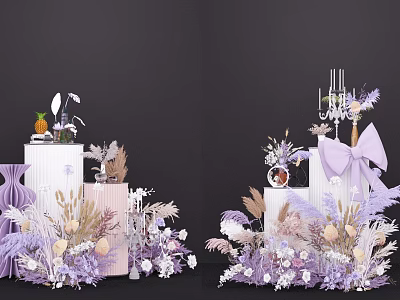 Purple Beige Floral Decor with Dried Grass Candleholder Gift Box and Bow 3d model
