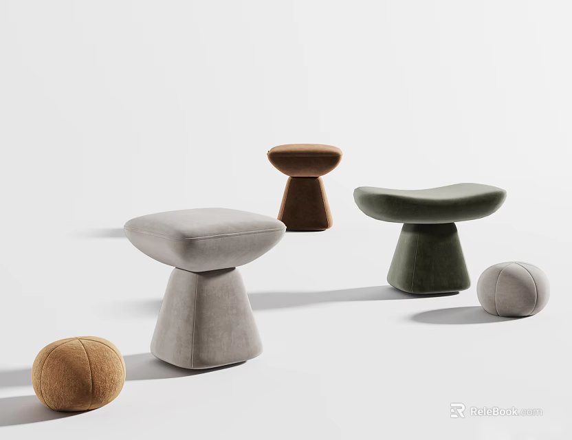 Modern Various Colored Stools Featuring Rounded And Oval Shapes In Gray Brown Green 3d model
