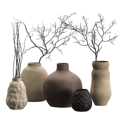 Textured Ceramic Vases With Natural Twigs In Different Shapes For Home Decoration 3d model