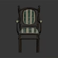 Wooden Frame Chair With Green And White Striped Upholstery And Decorative Armrests