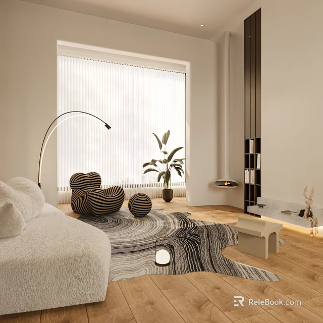 Modern Living and Dining Room Interior With Large Window Striped Armchairs And Wooden Floor 3d model 