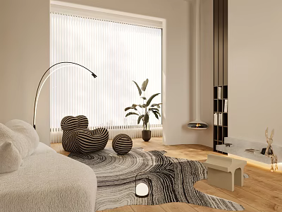 Modern Living and Dining Room Interior With Large Window Striped Armchairs And Wooden Floor 3d model