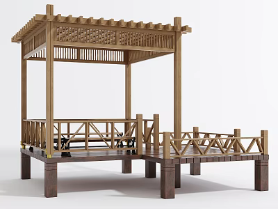 Outdoor Wooden Garden Pavilion With Lattice Roof Platform Railing And Benches 3d model