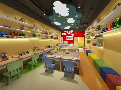 Colorful Kindergarten Interior With Toys Shelves Tables Chairs And Cloud Lights 3d model