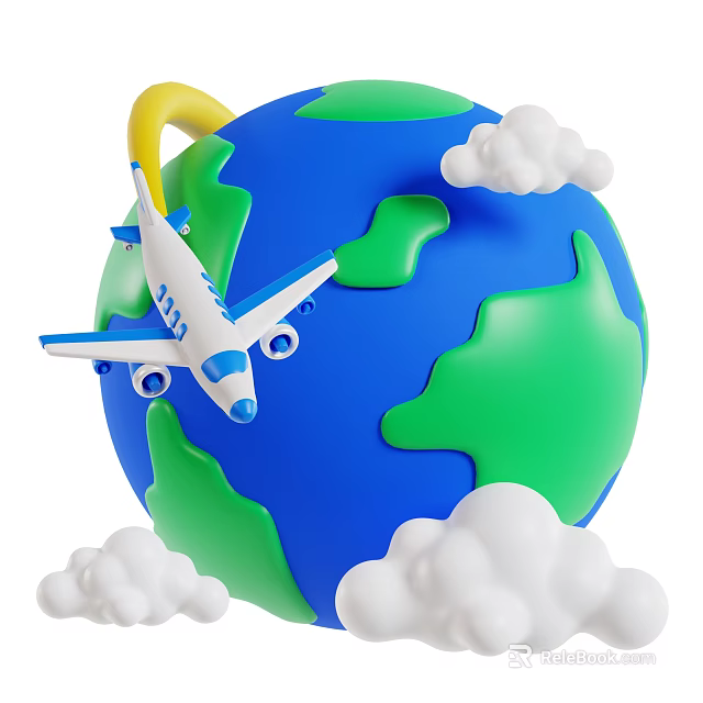 Cartoon Style Decorative Ornament Combination With Blue Green Globe Airplane And Clouds 3d model 