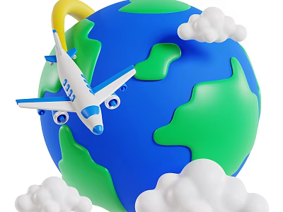 Cartoon Style Decorative Ornament Combination With Blue Green Globe Airplane And Clouds 3d model