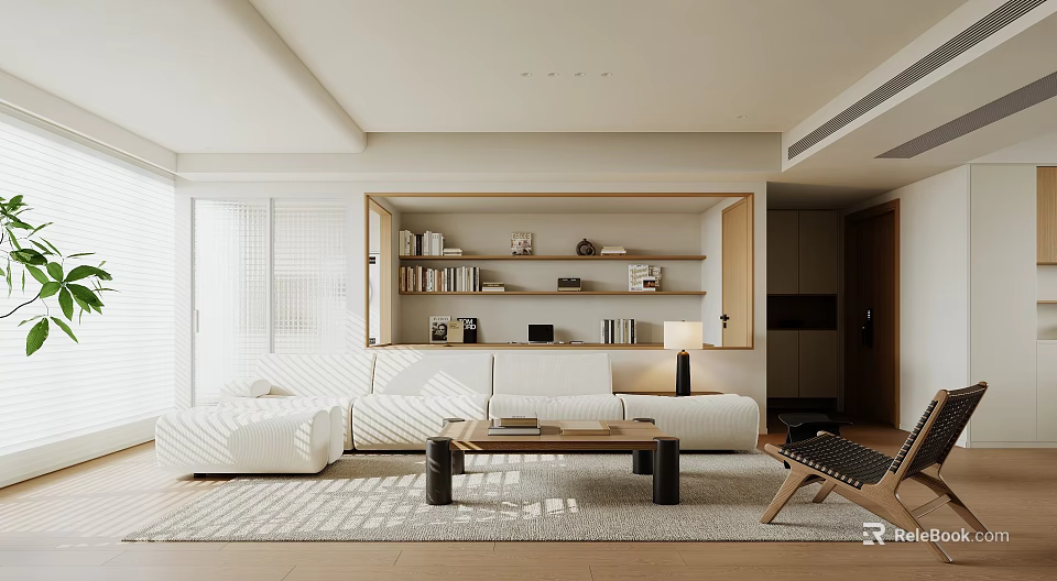 Modern Living Room With White Sofa Wooden Coffee Table Built In Bookshelves And Natural Light 3d model 