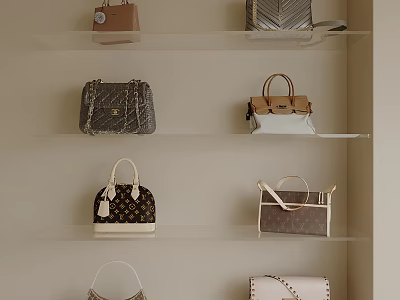 Neatly Arranged Stylish Bags With Various Designs On Display Shelves 3d model