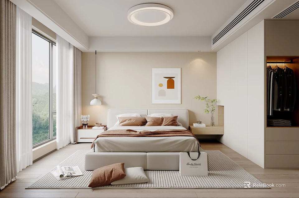 Cozy Modern Bedroom Interior With Large Window Mountain View Bed Carpet And Ceiling Light 3d model 