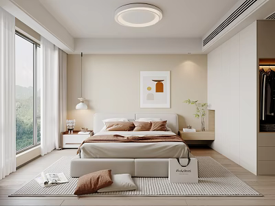 Cozy Modern Bedroom Interior With Large Window Mountain View Bed Carpet And Ceiling Light 3d model