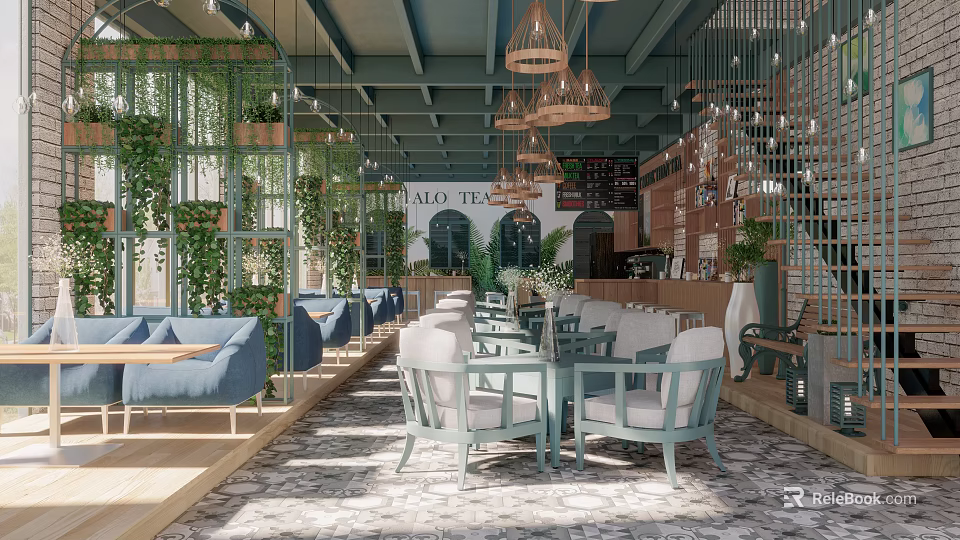 Elegant Modern Café Interior With Green Plants Hanging Lights And Blue Sofas 3d model 