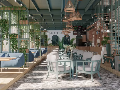 Elegant Modern Café Interior With Green Plants Hanging Lights And Blue Sofas 3d model