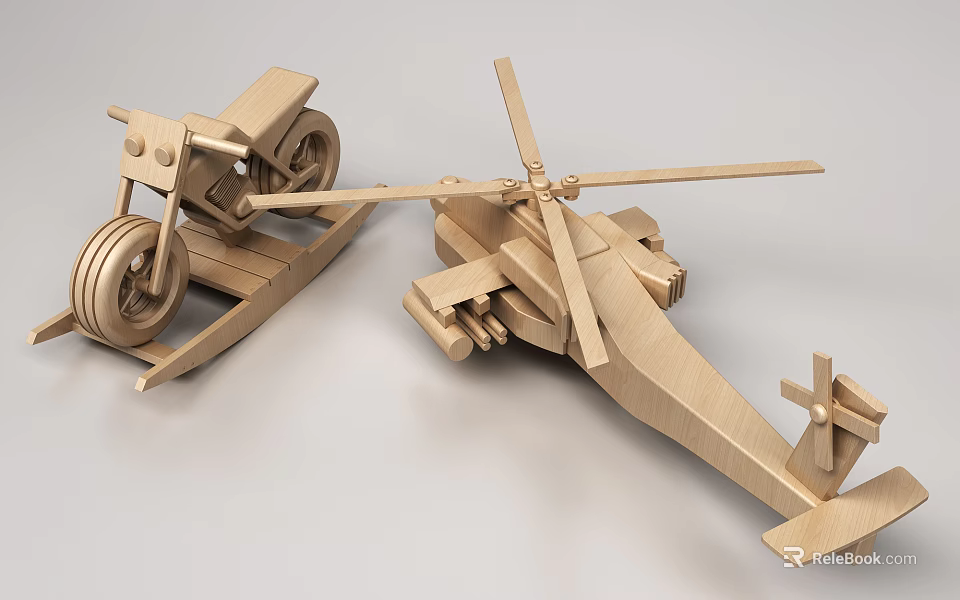 Wooden Building Blocks Crafted Into Detailed Motorcycle And Helicopter Models 3d model 