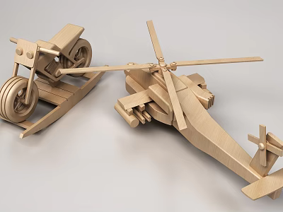 Wooden Building Blocks Crafted Into Detailed Motorcycle And Helicopter Models 3d model