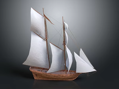 Sailing Ship With White Sails And Wooden Hull On Gray Background 3d model