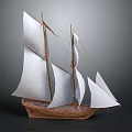 Sailing Ship With White Sails And Wooden Hull On Gray Background