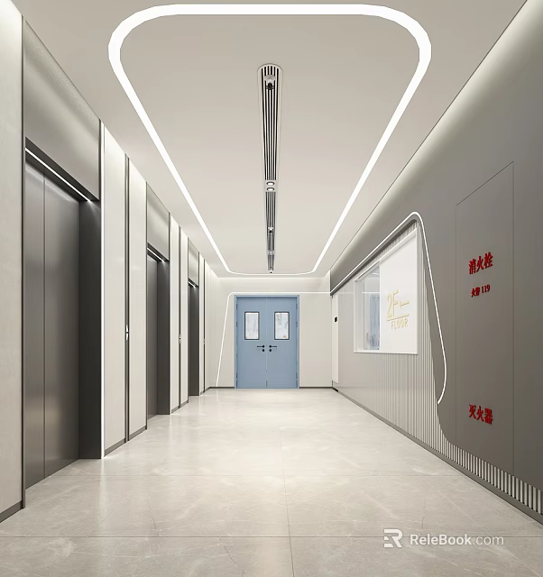 Modern Elevator Lobby With Elevators Blue Door And Fire Signs 3d model