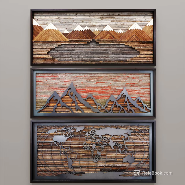 Three Panel Decorative Wall Art With Mountain Scenery And World Map Design 3d model