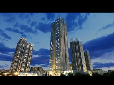 Modern High Rise Buildings Scenery At Dusk With Illuminated Lights And Cloudy Sky 3d model