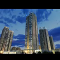 Modern High Rise Buildings Scenery At Dusk With Illuminated Lights And Cloudy Sky