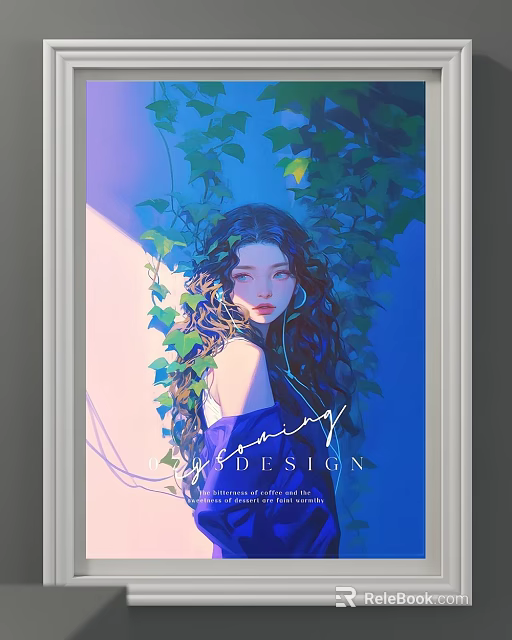 Portrait Painting of Curly Hair Woman with Ivy Vines Blue Background Light Shadow Effects 3d model 