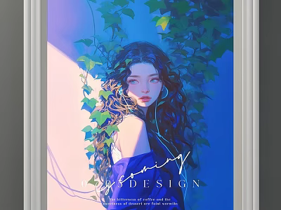 Portrait Painting of Curly Hair Woman with Ivy Vines Blue Background Light Shadow Effects 3d model