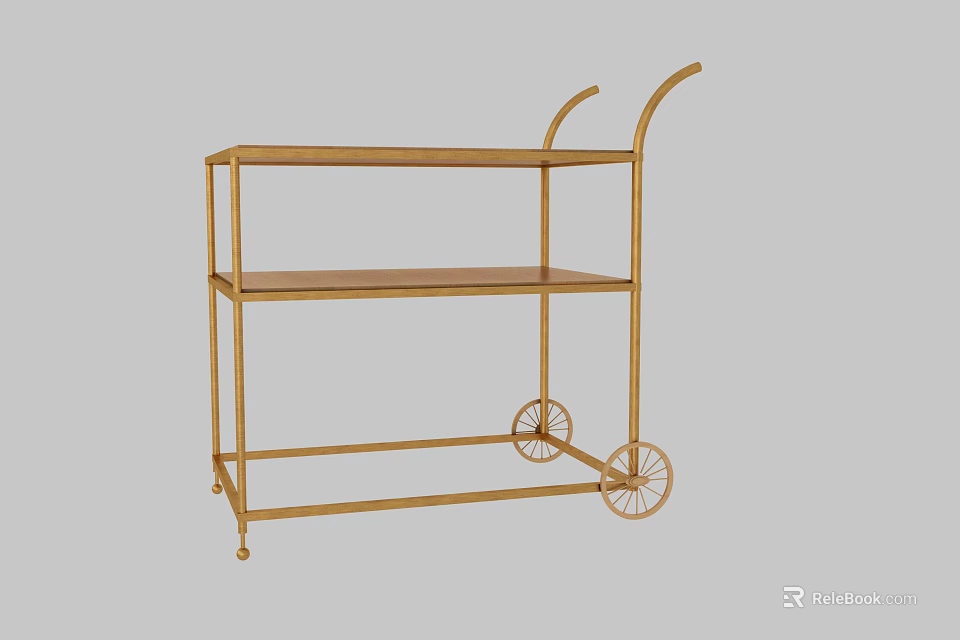 Golden Two Tier Rolling Cart With Metal Frame And Wheels For Serving 3d model 