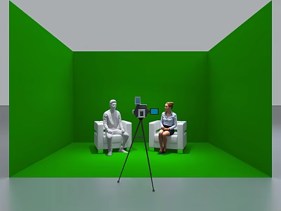 Commercial Recording Equipment Setup With Tripod And Two People On Chairs In Green Background Room 3d model