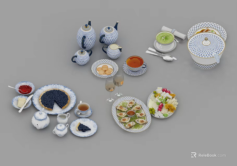 Assorted Tea Time Food Platter With Desserts Fruit And Ceramic Tableware 3d model