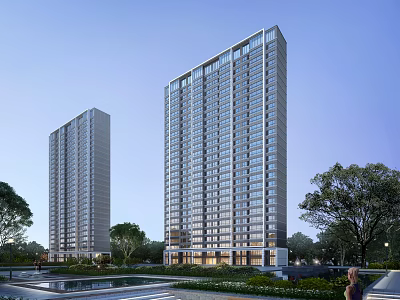Modern High Rise Residential Buildings With Surrounding Greenery Trees And Water Feature 3d model